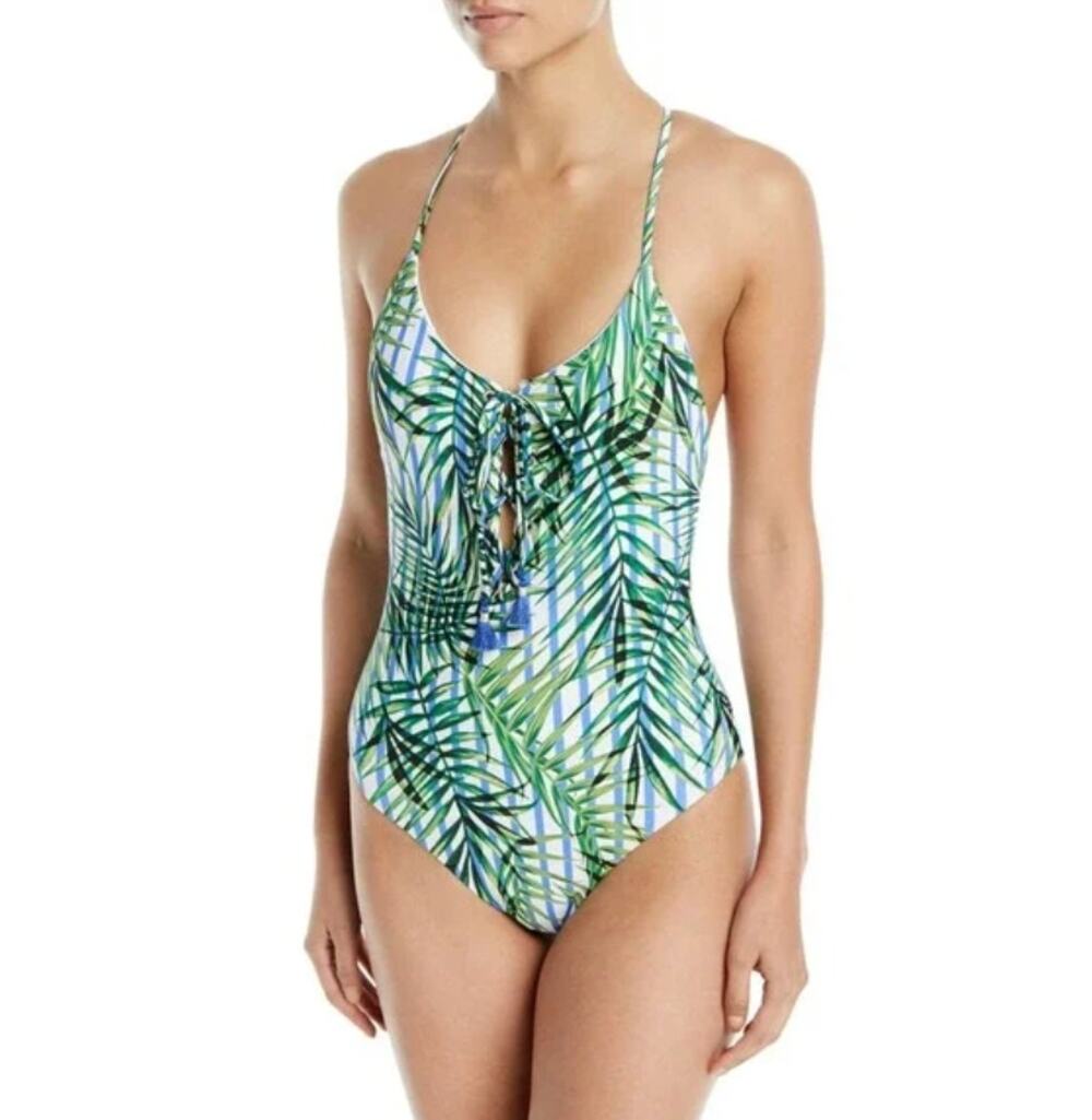 Red Carter Palm Party Lace Up Maillot One Piece Swimsuit